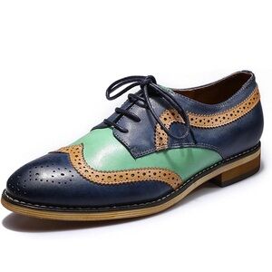 POLLINI Lace-up Leather Blue Green Silver Loafers Size 12